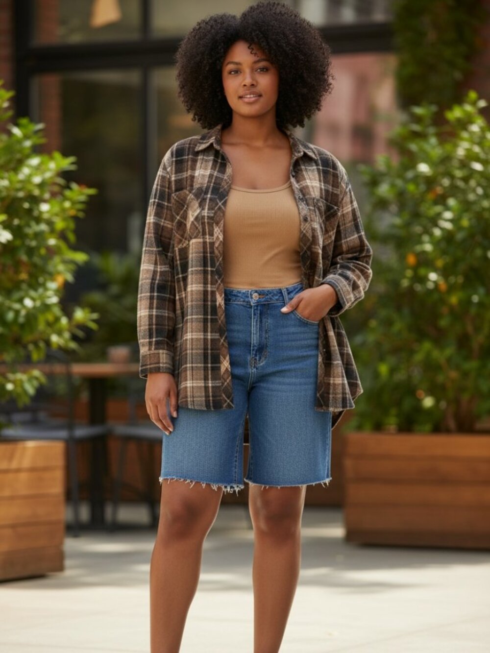 Brown Plaid Button-Up Shirt